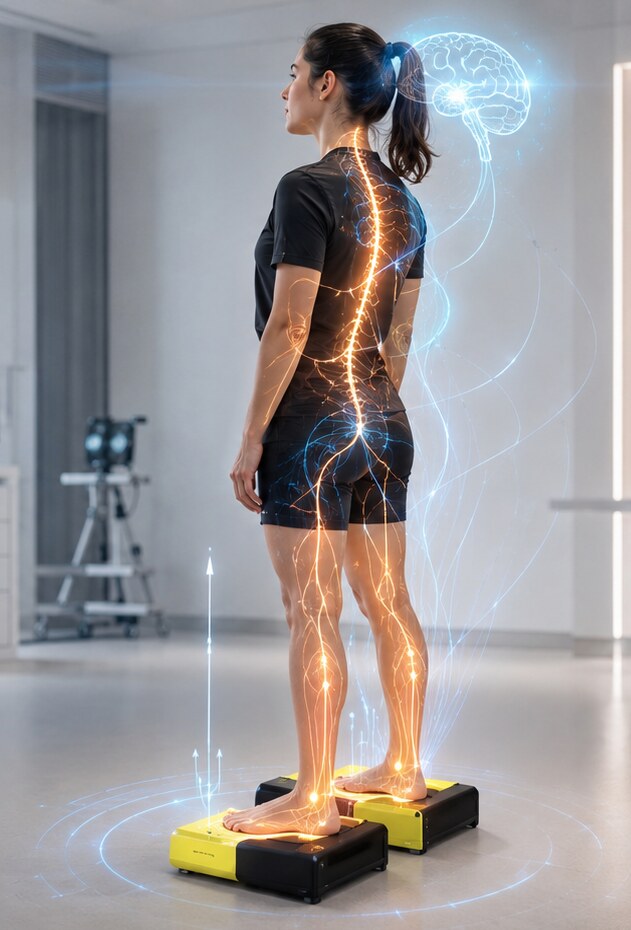 Illustrazione concettuale: dalla superficie plantare sui Cuscini Elicoidali il flusso di informazioni sensoriali raggiunge e viene integrato dal sistema nervoso
